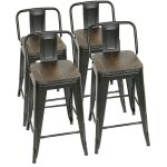 Yongqing ? lot de 4 tabourets de bar en m�tal noir mat ? assise en bois fonc� ? hauteur 63, 5 cm ? style ...