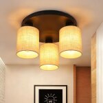 Zmh luminaire plafonnier 3 rayons lumineux noire classique e27 abat - jour en tissu rond boho traditionnel ...