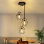 Zmh luminaire suspension classique 3 �clairages noir m�tal bois e27 traditionnel sans lampe pour salle ...