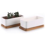 17cm pot de succulent en c�ramique avec plateau en bambou blanc lot de 2, cactus plante planteur cache ...