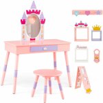 Costway - 2 en 1 coiffeuse enfants sur th�me du ch�teau avec tabouret, table de maquillage princesse ...