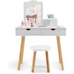 2 en 1 coiffeuse filles avec tabouret, table de maquillage et bureau avec miroir amovible, 2 tiroirs, ...