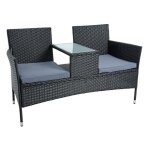 2 fauteuils de jardin avec coussins et table int�gr�e en polyrotin noir