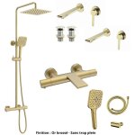 2 mitigeurs lavabo + 2 bondes + colonne de douche + mitigeur bain + support douchette couleur or brossé ... 2 mitigeurs lavabo + 2 bondes + colonne de douche + mitigeur bain + support douchette couleur or brossé ...