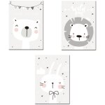 3 tableau bebe garcon posters nordique affiches enfant chambre animaux lion ours lapin dessins peinture ...