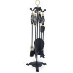 5 pices pour la chemine, pelle, balai, pince & serviteur, fer, accessoires pole  bois, noir - dor ...
