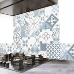 2 bandeaux de crdence adhsifs pour cuisine - carreaux ciment bleu - aluminium - 2x(100x20 cm)