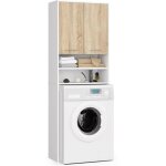 Abamihome - meuble pour machine � laver fin blanche 64 cm 2 portes fa�ade ch�ne sonoma niche 4 �tag�res ...