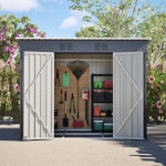 Abri de jardin m�tal 8x4 ft toit monopente, cabanon pour outils avec porte verrouillable et 2 grilles ...