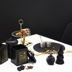 Ac - deco - bo�te � th� ronde en m�tal noir mat avec imprim�s dor�s, dimensions 12 x 12 x 18, 5 cm ? ...