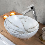 Ac - deco - vasque  poser ovale en cramique pat blanc marbr 41 x 33 cm