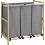 Acaza - panier  linge - trieur  linge avec 3 compartiments - tissu / bambou - gris