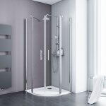 Accès d'angle arrondi avec portes de douche battantes, verre 5 mm transparent anticalcaire, profilé alu ... Accès d'angle arrondi avec portes de douche battantes, verre 5 mm transparent anticalcaire, profilé alu ...
