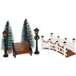 Accessoire pour village de no�l set 6 pi�ces , lampadaires, sapins, banc et pont - feeric christmas