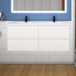 120(l)x46(p)x52(h)cm meuble salle de bain blanc avec 4 tiroirs � une fermeture amortie avec deux vasques ...