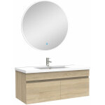 Ensemble meubles salle de bain simple vasque 100cm + miroir rond lumineux ch�ne wotan