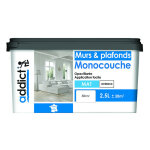 Peinture acrylique monocouche murs et plafonds, blanc mat, 2, 5 litres