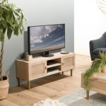 Aline - meuble tv bois 2 niches 2 portes toile de jute pieds dor�