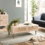 Macabane ? table basse fixe 110x60x40 cm ? 2 tiroirs en toile de jute ? pieds en m�tal dor� ? mdf plaqu� ...