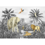 Poster intiss� - animaux de la jungle en noir et blanc - lion, �l�phant, perroquet - 155 x 110 cm