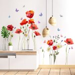 Ahlsen sticker mural coquelicot fleur rouge stickers muraux plantes papillon stickers muraux chambre ...