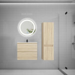 Aica ensemble meuble vasque l. 60cm 2 tiroirs + lavabo + led miroir rond 60cm + colonne ch�ne easy