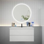 Aica sanitaire - aica ensemble meuble vasque l. 99cm 2 tiroirs + lavabo + led miroir rond 90cm blanc ...