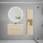 Aica sanitaire - ensemble meuble vasque l 79cm 2 tiroirs + lavabo + led miroir rond 90cm + colonne ch�ne ...
