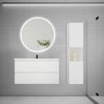 Aica sanitaire - ensemble meuble vasque l 99cm 2 tiroirs + lavabo + led miroir rond 90cm + colonne blanc ...