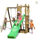 Aire de jeux funny 3 avec chelle, bac  sable, toboggan vert, mur d'escalade et balanoire 1 sige - ...