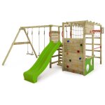 Aire de jeux portique bois actionarena avec balanoire et toboggan vert chafaudage grimpant avec mur ...