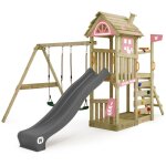 Wickey - aire de jeux portique bois farmflyer tois avec balanoire et toboggan maison enfant exterieur ...