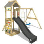 Aire de jeux portique bois freeflyer avec balan�oire et toboggan anthracite maison enfant exterieur avec ...