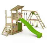 Aire de jeux portique bois fruityforest avec balan�oire surfswing et toboggan maison enfant exterieur ...