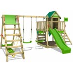 Aire de jeux portique bois jazzyjungle avec balanoire surfswing et toboggan maison enfant exterieur ...