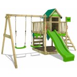 Aire de jeux portique bois jazzyjungle avec balanoire et toboggan maison enfant exterieur avec bac  ...