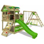Aire de jeux tikataka town xxl ? surfswing avec bac  sable et toboggan - cabane enfant extrieur avec ...