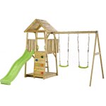 Aire de jeux portique en bois woodi - double balanoire, toboggan, mur d'escalade, bac a sable, cabane, ...