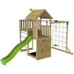 Aire de jeux santoline skywood double plateforme - filet � grimper - tyrolienne - bac a sable - toboggan ...