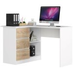 Akord - bureau d'angle gauche b16 blanc 124 cm 3 tiroirs faade chne sonoma 2 tagres 124x85x77 cm