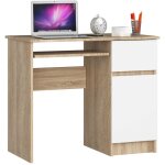 Akord - bureau d'ordinateur droit piksel ch�ne sonoma 90 cm 1 porte 1 tiroir fa�ade blanche 3 �tag�res ...