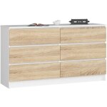 Akord - commode k140 blanche 138 cm 6 tiroirs faade chne sonoma 138x40x77 cm