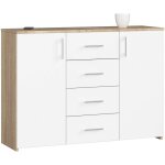 Akord - commode k45 ch�ne sonoma 110 cm 2 portes 4 tiroirs fa�ade blanche 4 �tag�res 110x35x80 cm