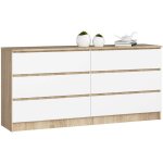 Akord - grande commode pour le salon k160 ch�ne sonoma 160 cm 6 tiroirs fa�ade blanche 160x40x77 cm