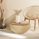 Macabane - sixtine - table basse ronde 65x65cm en rotin beige plateau amovible