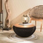 Macabane - sixtine - table basse ronde 65x65cm en rotin noir plateau amovible