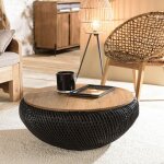 Macabane - sixtine - table basse ronde 80x80cm en rotin noir plateau amovible