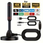 Antenne tv int�rieure puissante 500 km, r�ception 4k / 1080p tnt gratuite, c�ble 5 m et base magn�tique ...