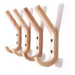 Aougo - 4 pi�ces crochets muraux en bois de caoutchouc � manteau pat�res portemanteaux � deux crochets, ...