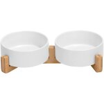 Aougo - gamelle double en cramique avec support en bambou pour chat et chien (400ml, blanc)
